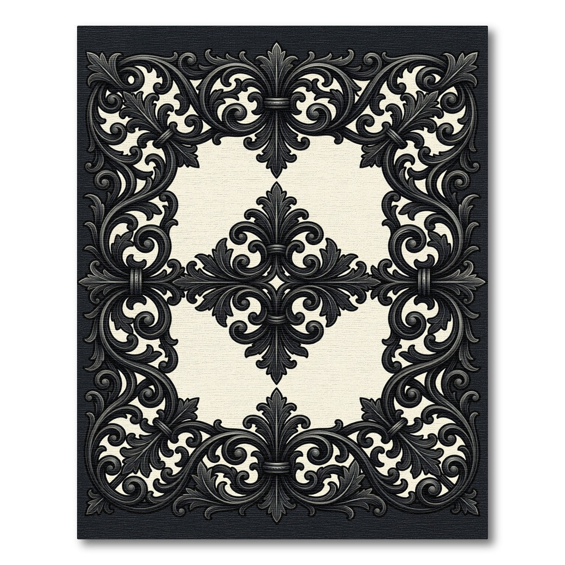 Ornate Black Scrollwork Damask Border Rug
