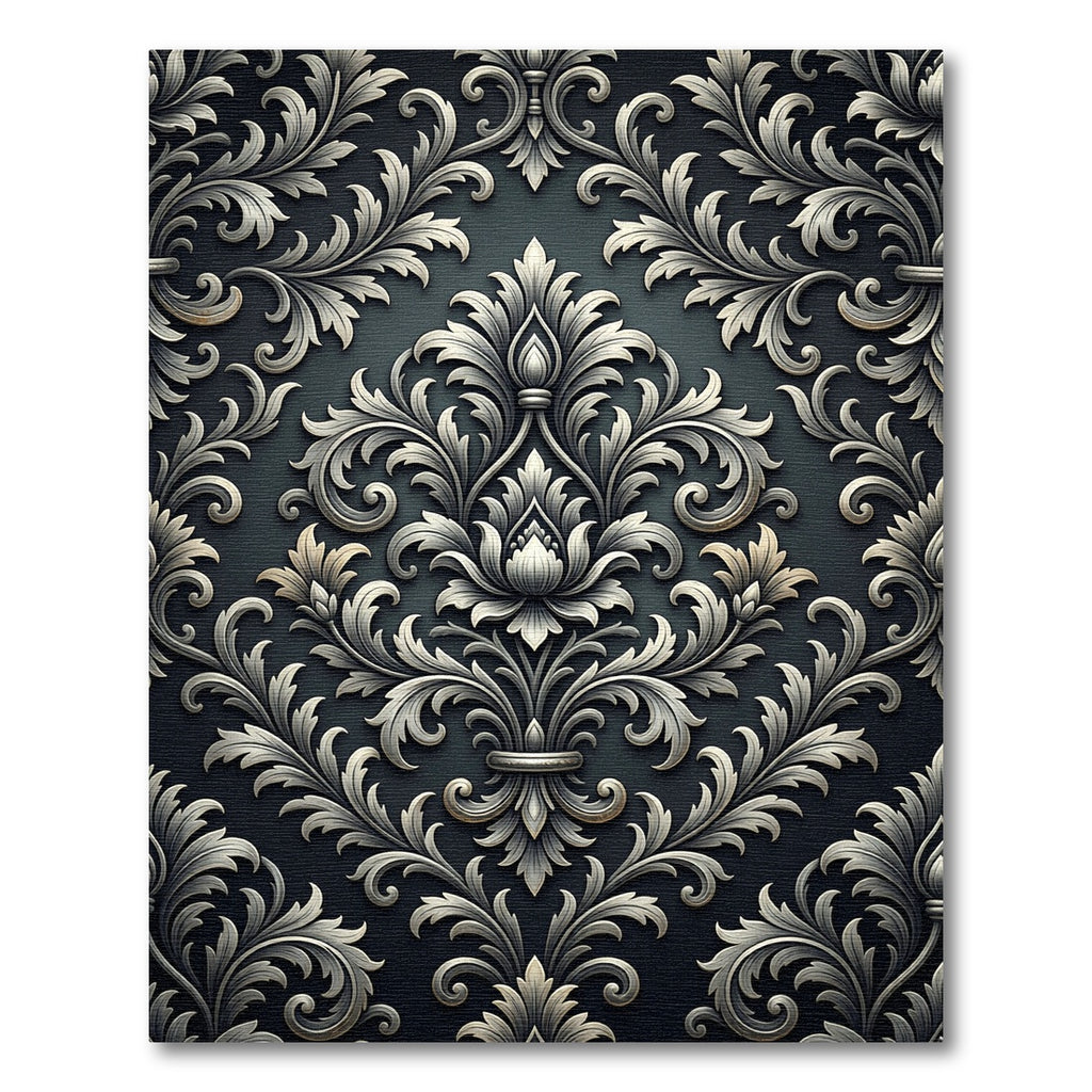 Silver Damask Floral Scroll Matte Black Rug