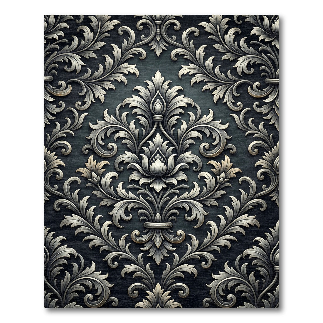 Silver Damask Floral Scroll Matte Black Rug