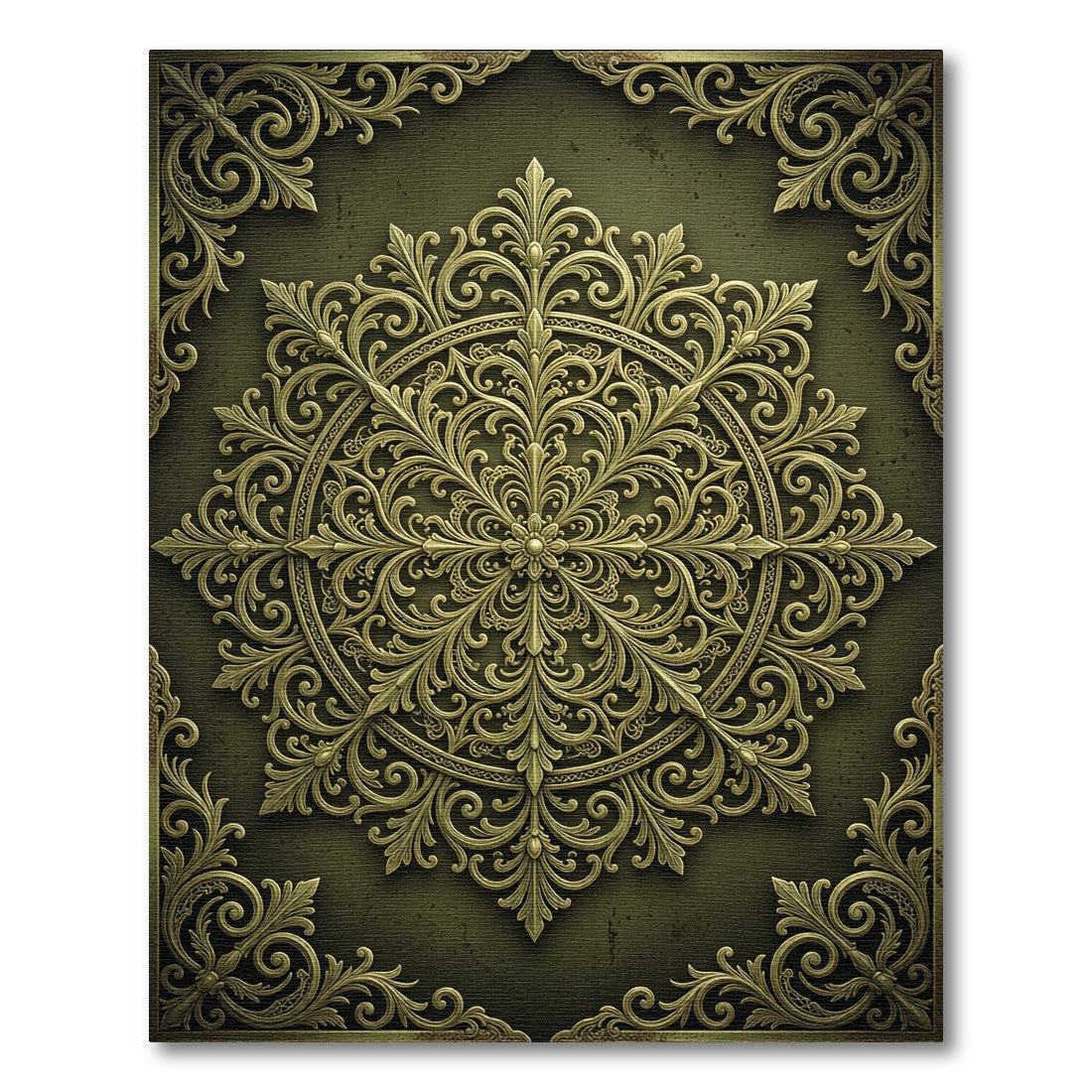 Ornate Olive Golden Filigree Scroll Medallion Rug