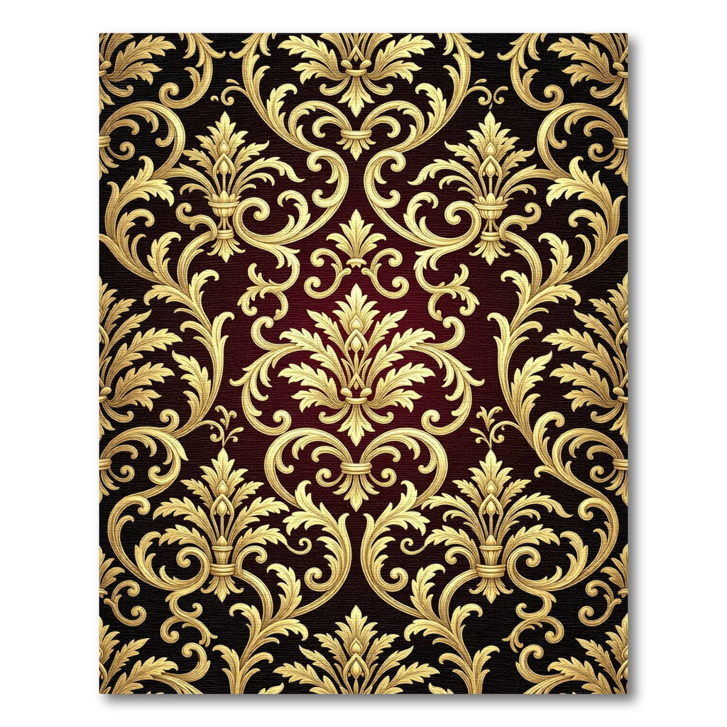 Luxurious Gold Damask Burgundy Scroll Rug