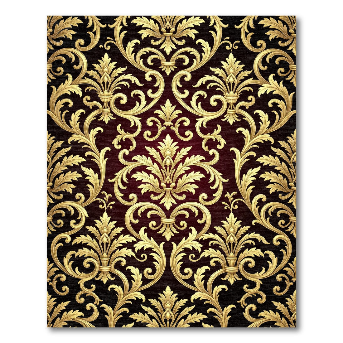 Luxurious Gold Damask Burgundy Scroll Rug