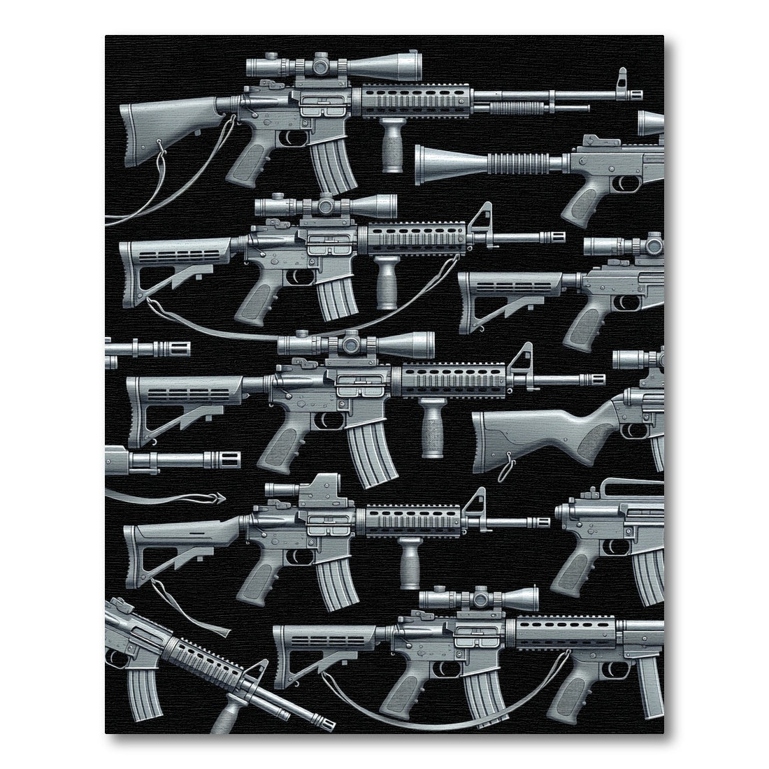 Monochrome Tactical Firearm Silhouette Arrangement Rug