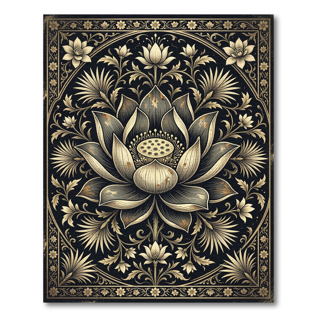 Elegant Black and Gold Lotus Floral Rug