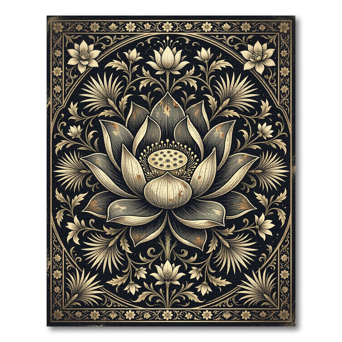 Elegant Black and Gold Lotus Floral Rug