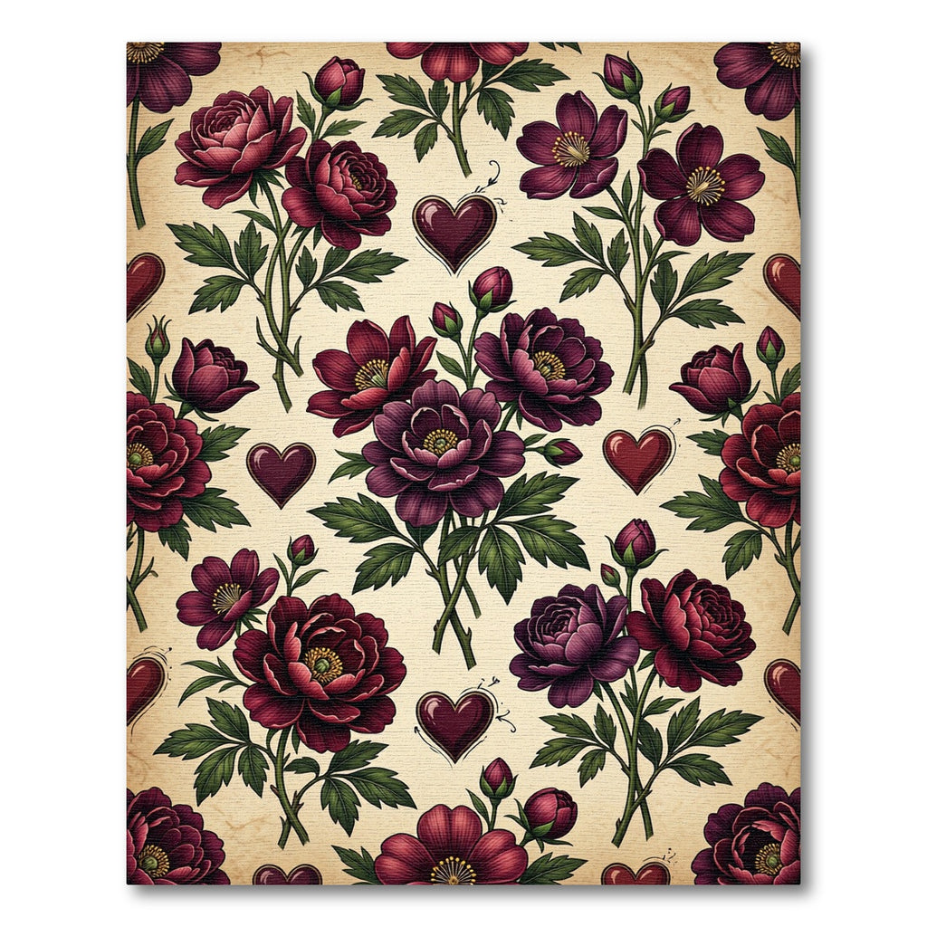 Dark Burgundy Floral Heart Botanical Rug