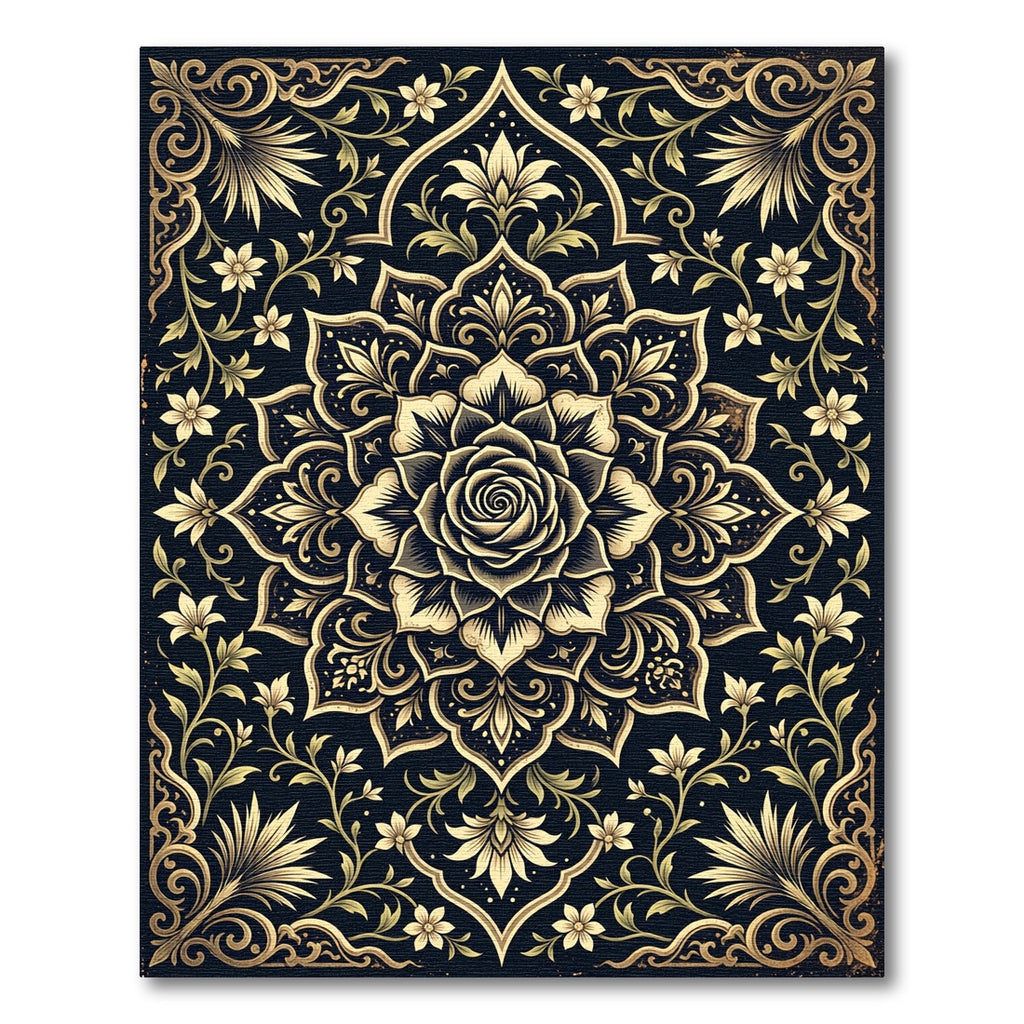Golden Rose Floral Medallion Black Floor Rug