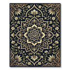 Golden Rose Floral Medallion Black Floor Rug