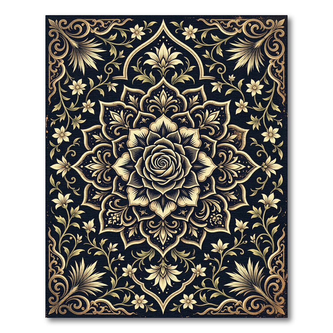 Golden Rose Floral Medallion Black Floor Rug