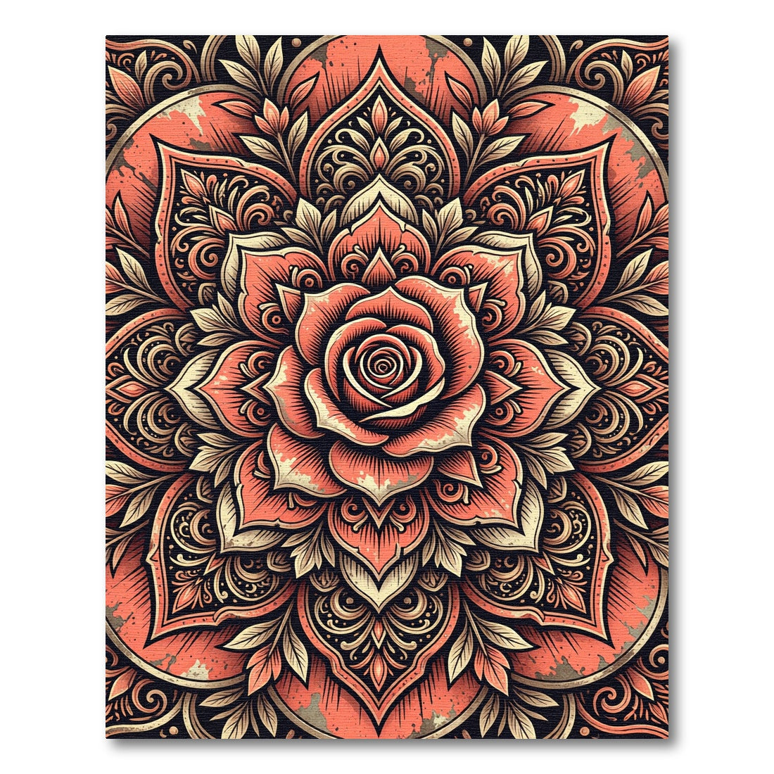 Coral Rose Floral Ornate Symmetry Rug