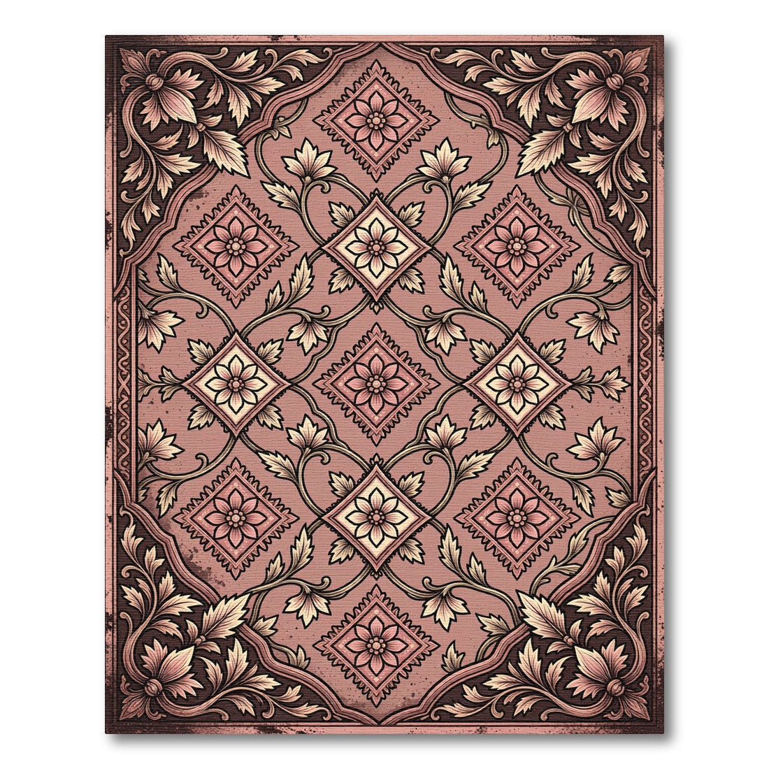 Vintage Dusty Rose Floral Diamond Lattice Rug