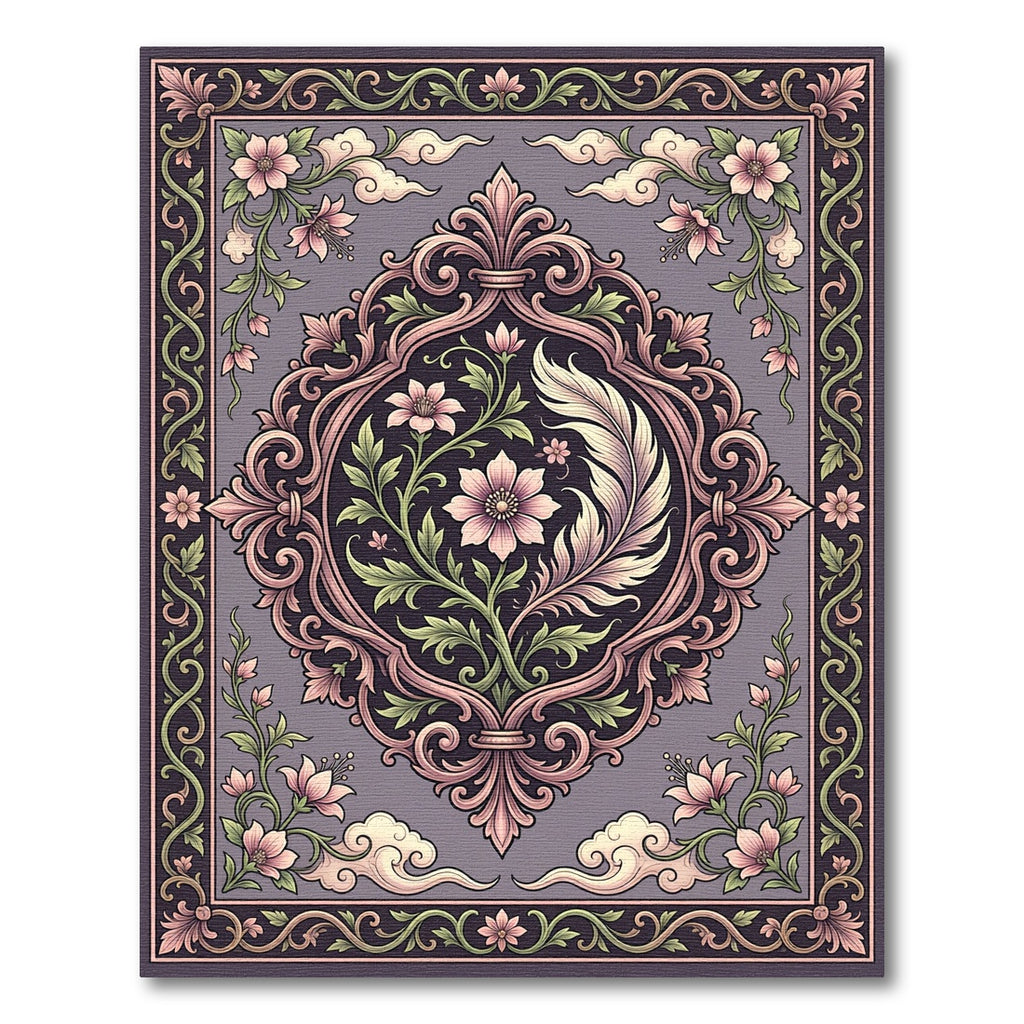 Ornate Pink Floral Scrollwork Gray Rug