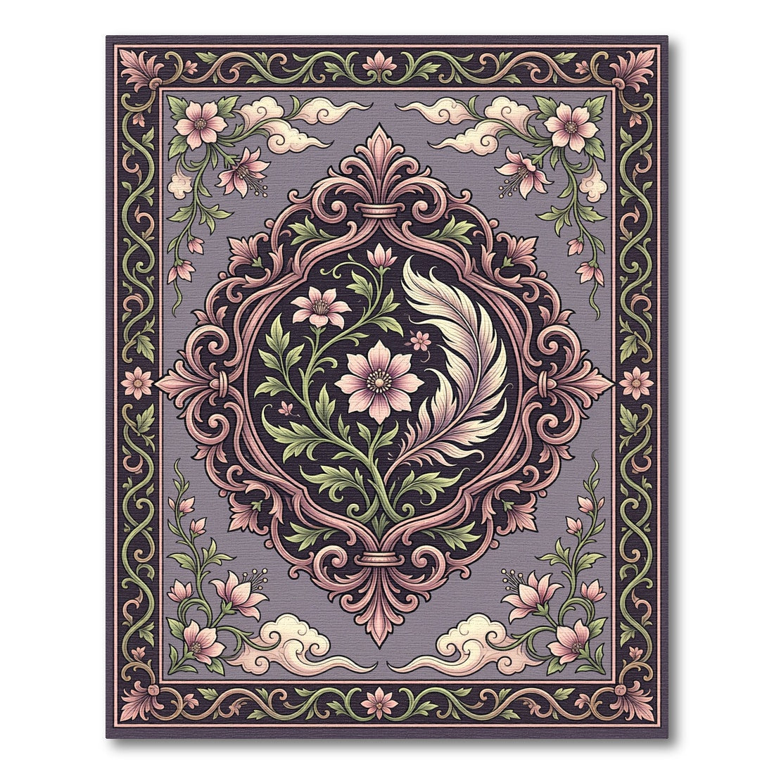 Ornate Pink Floral Scrollwork Gray Rug