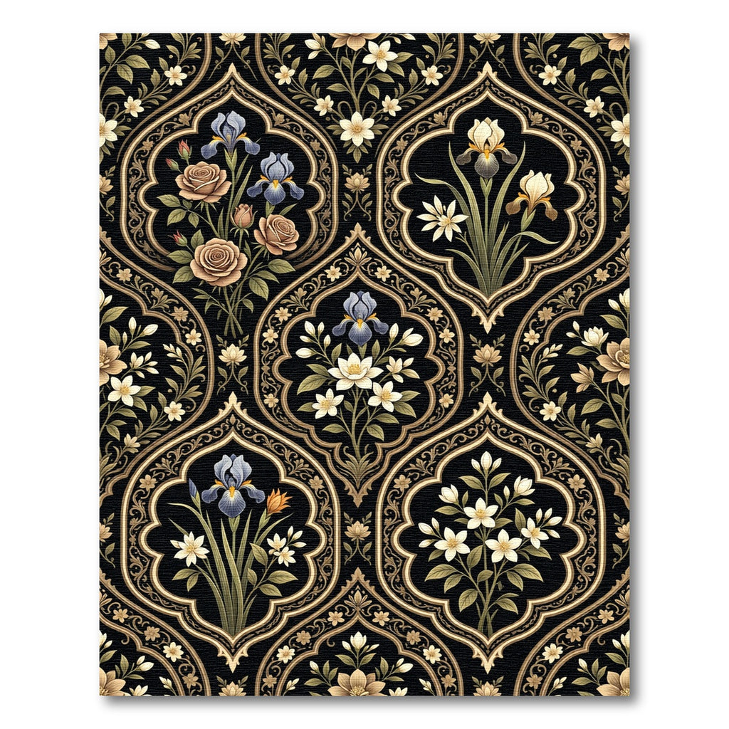 Black Floral Medallion Irises and Roses Rug