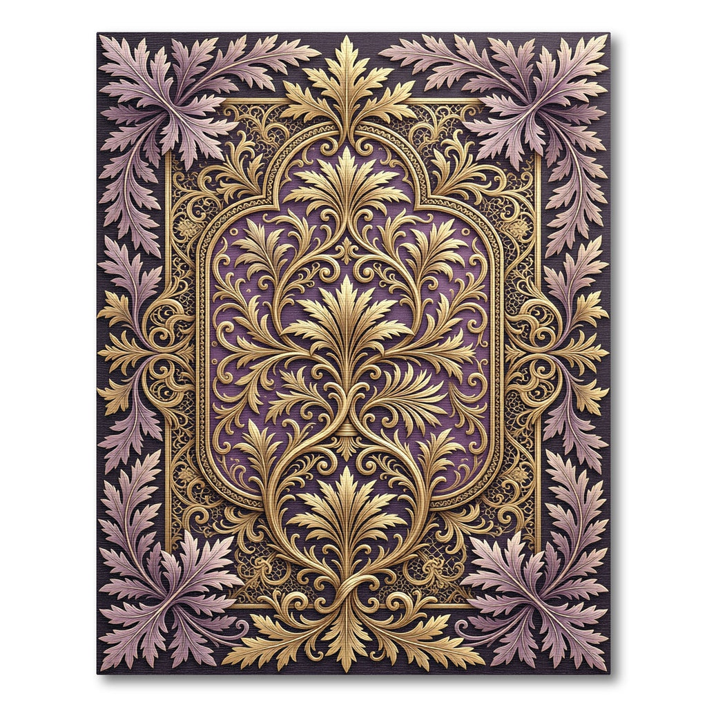 Ornate Gold Leaf Purple Scrolling Rug