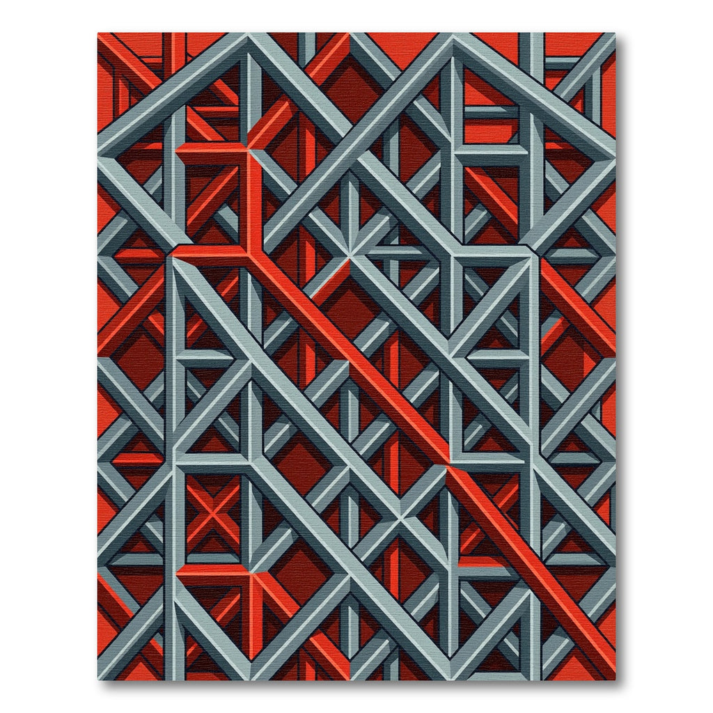 Red Gray Geometric Interlocking Grid Rug