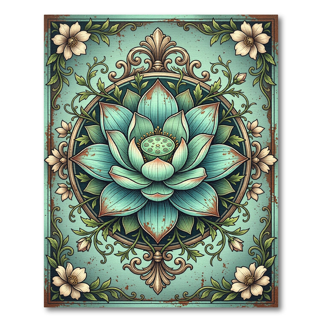 Ornate Turquoise Lotus Flower Mandalas Rug