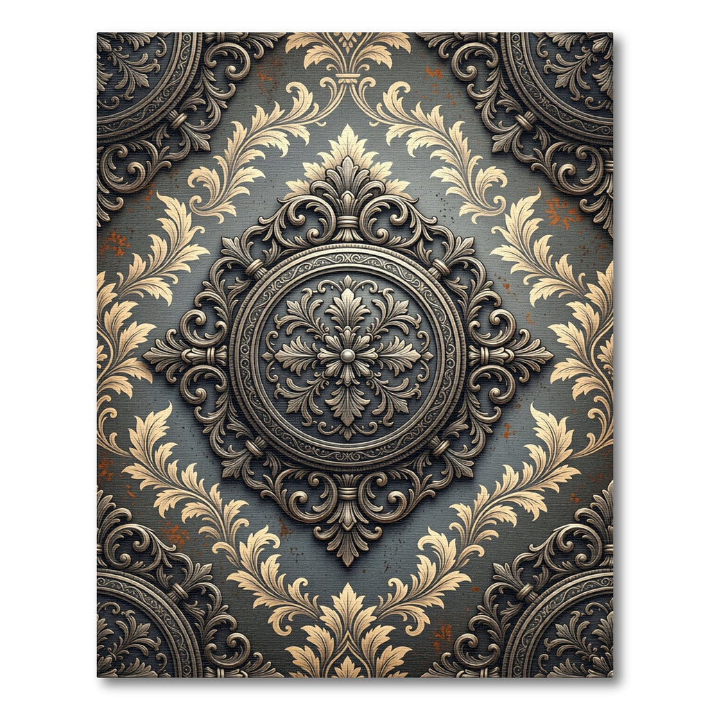 Ornate Damask Charcoal and Gold Medallion Rug