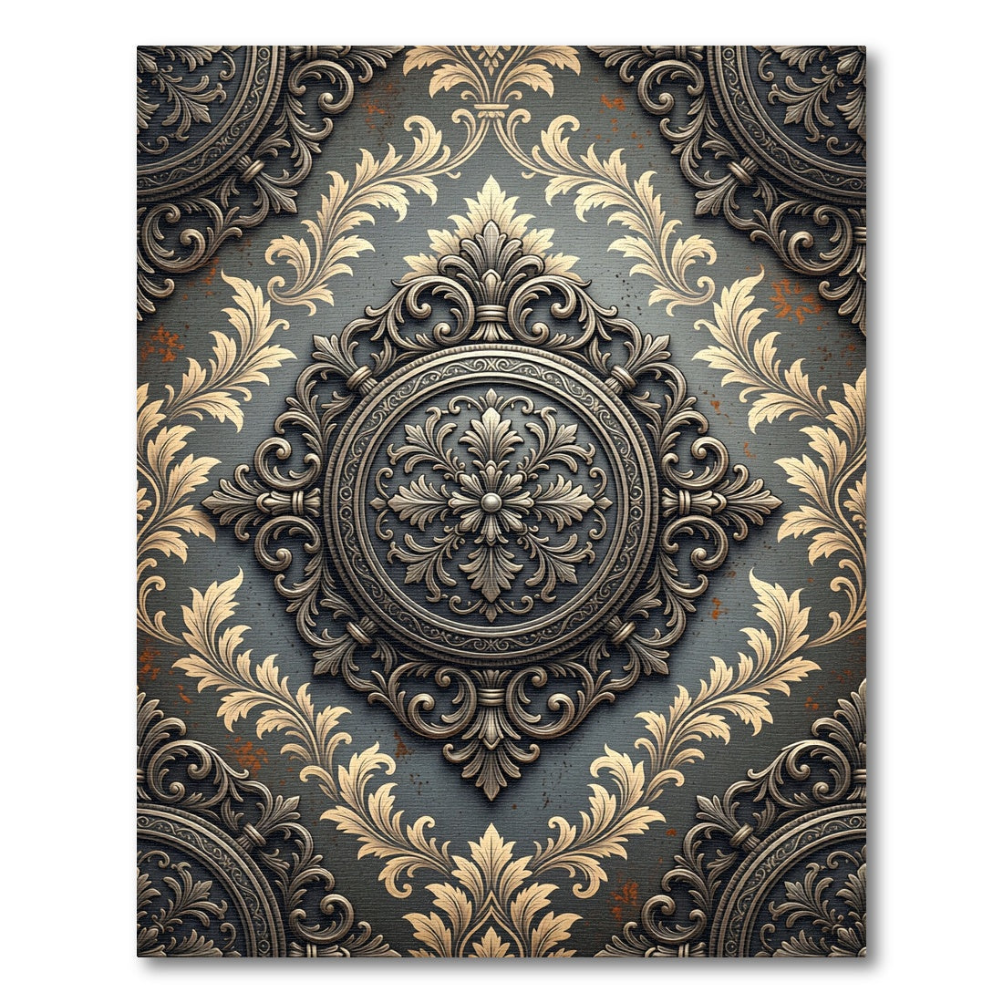 Ornate Damask Charcoal and Gold Medallion Rug