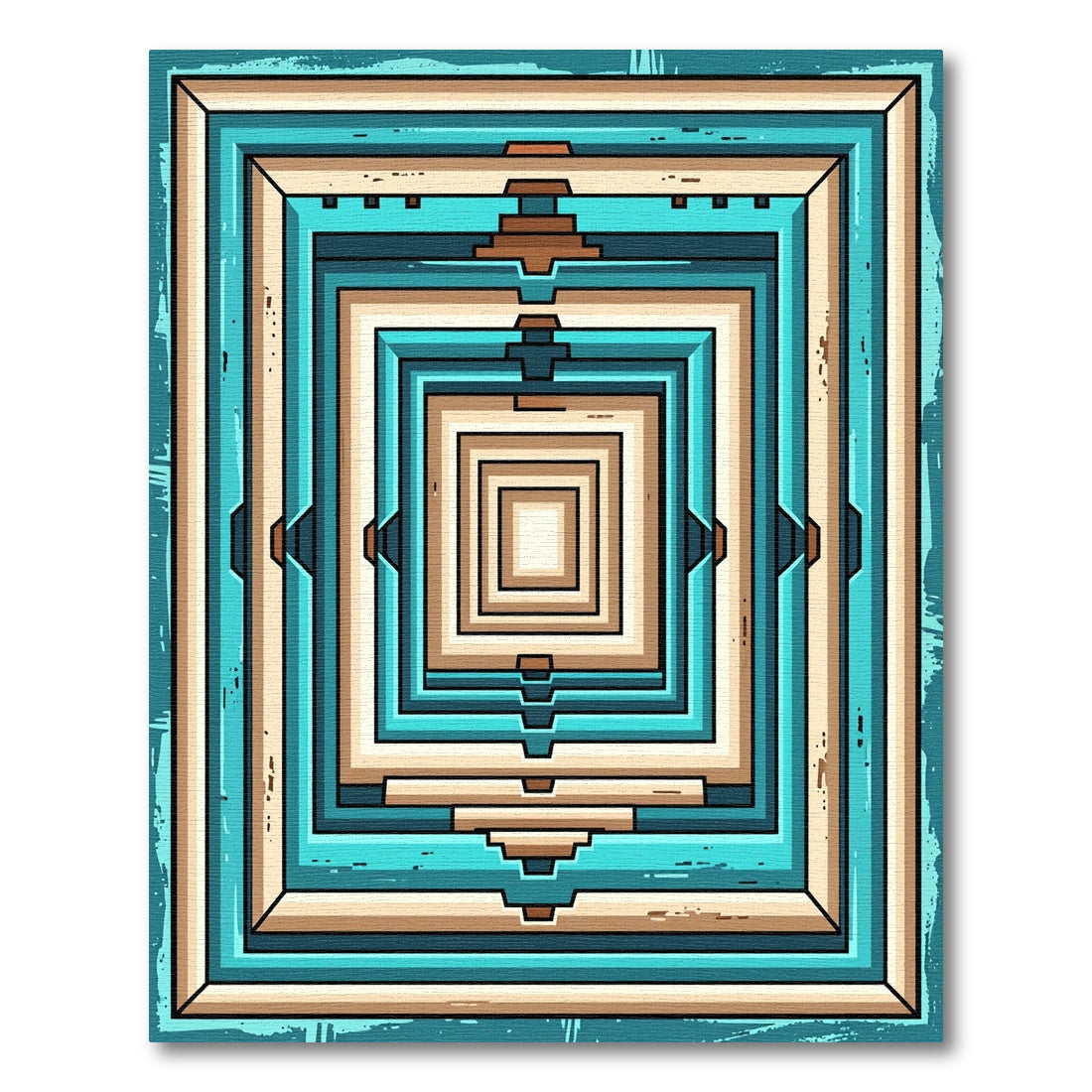 Modern Teal and Sand Geometric Stacked Rectangles Rug