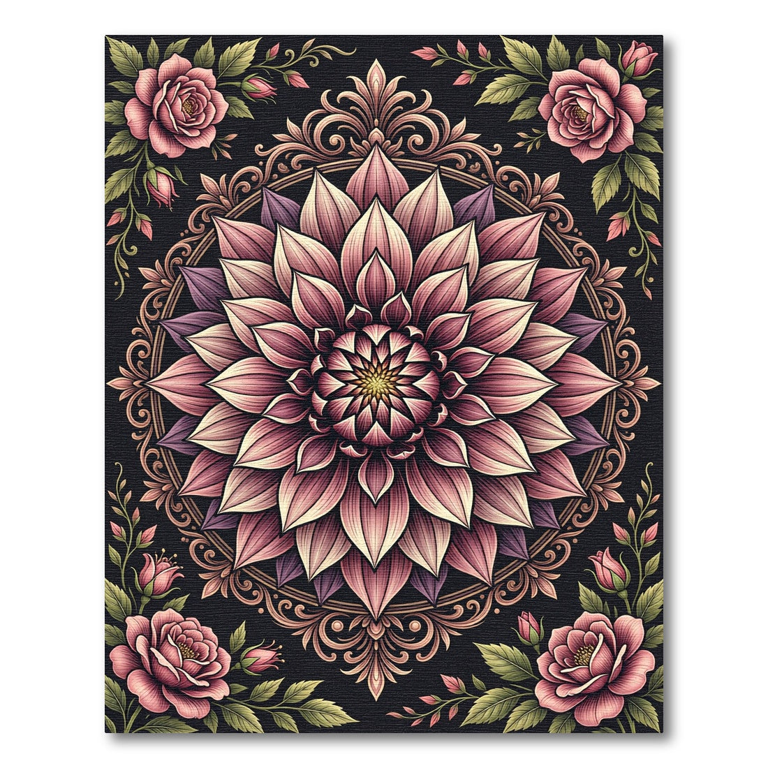 Ornate Pink Dahlia Floral Mandala Rug