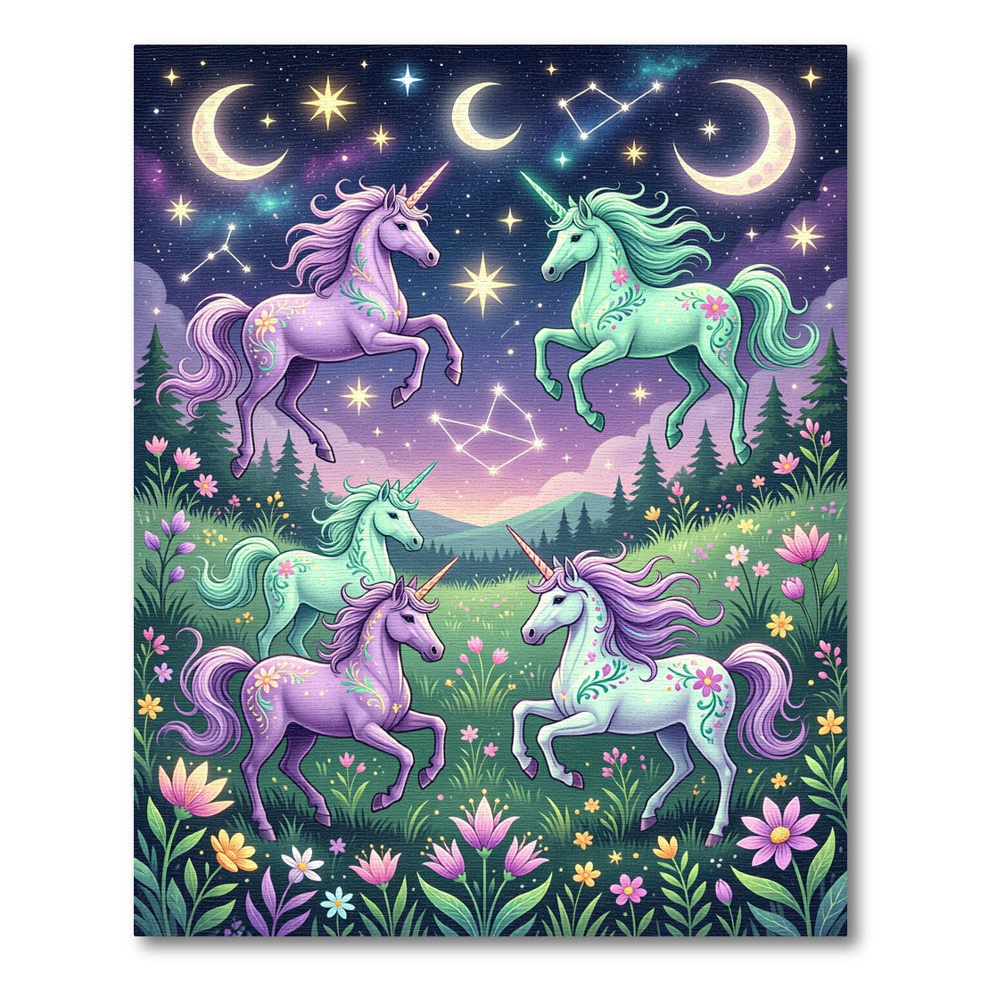 Whimsical Celestial Unicorn Starry Night Meadow Rug