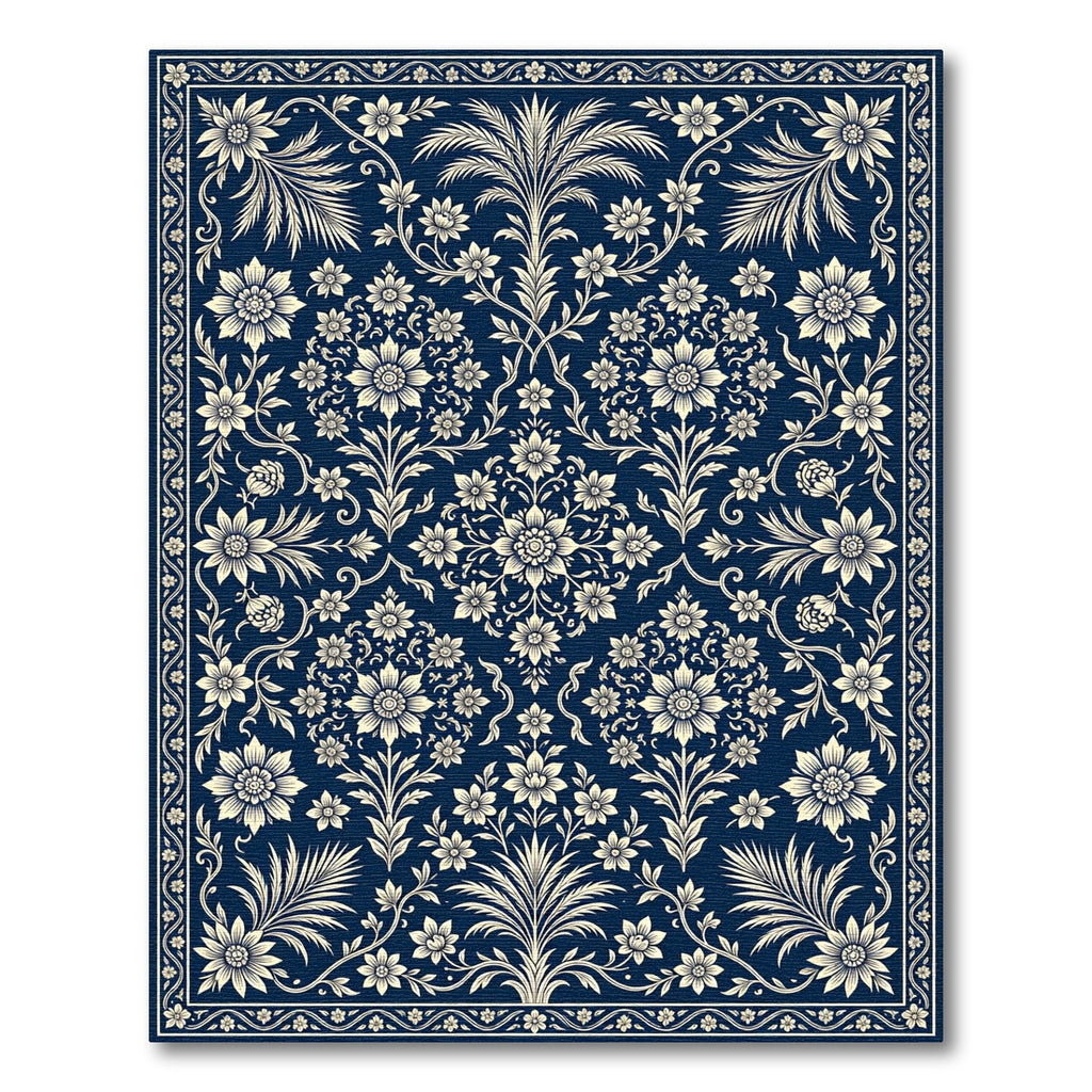 Indigo Floral Vine Damask Rectangular Area Rug