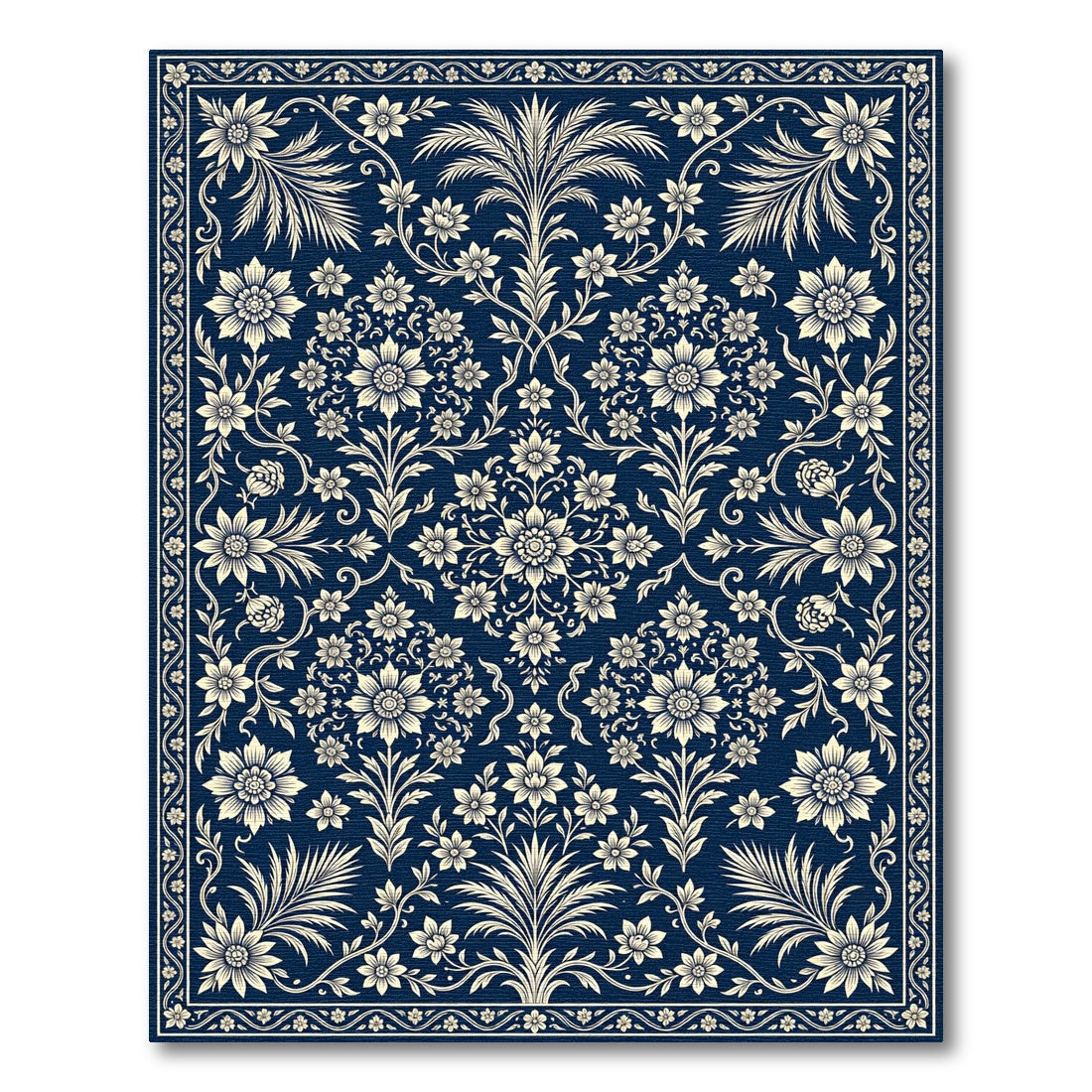 Indigo Floral Vine Damask Rectangular Area Rug