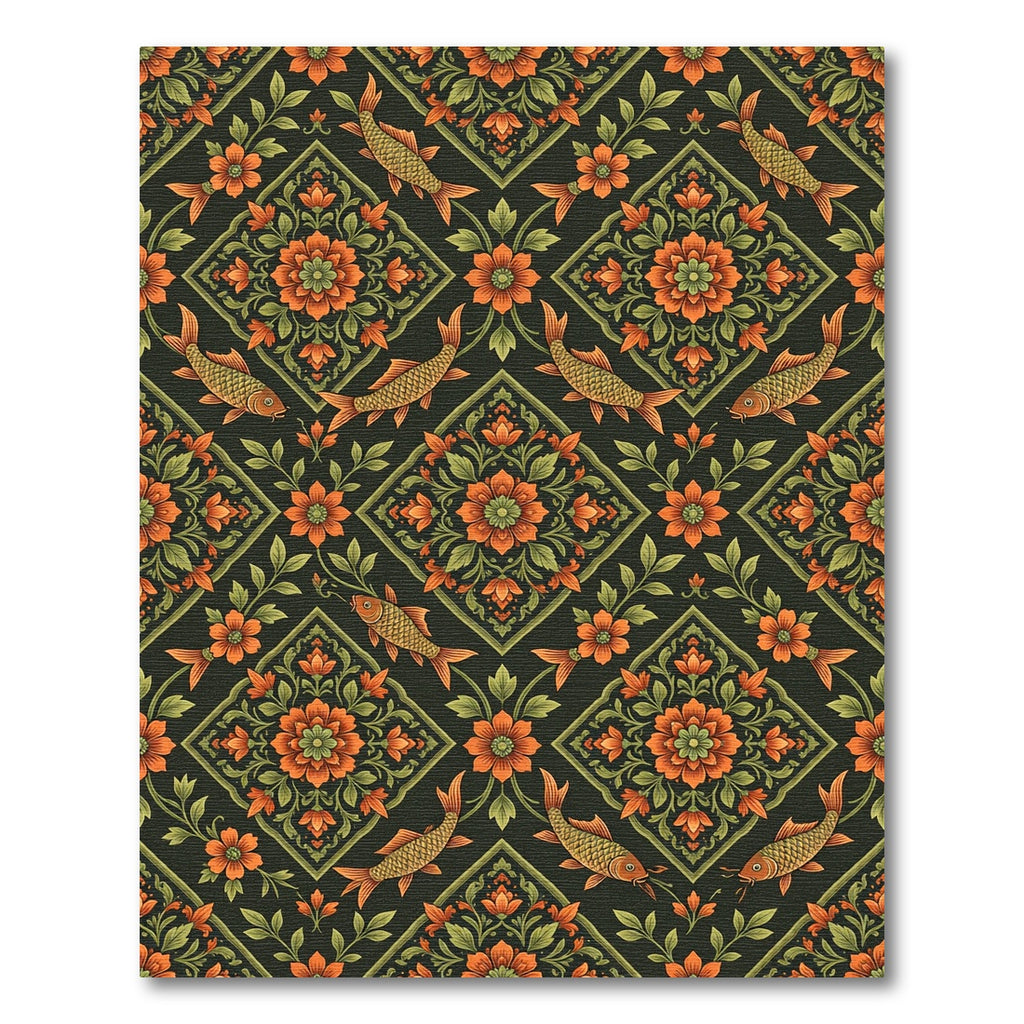 Orange Floral Koi Diamond Arrangement Rug