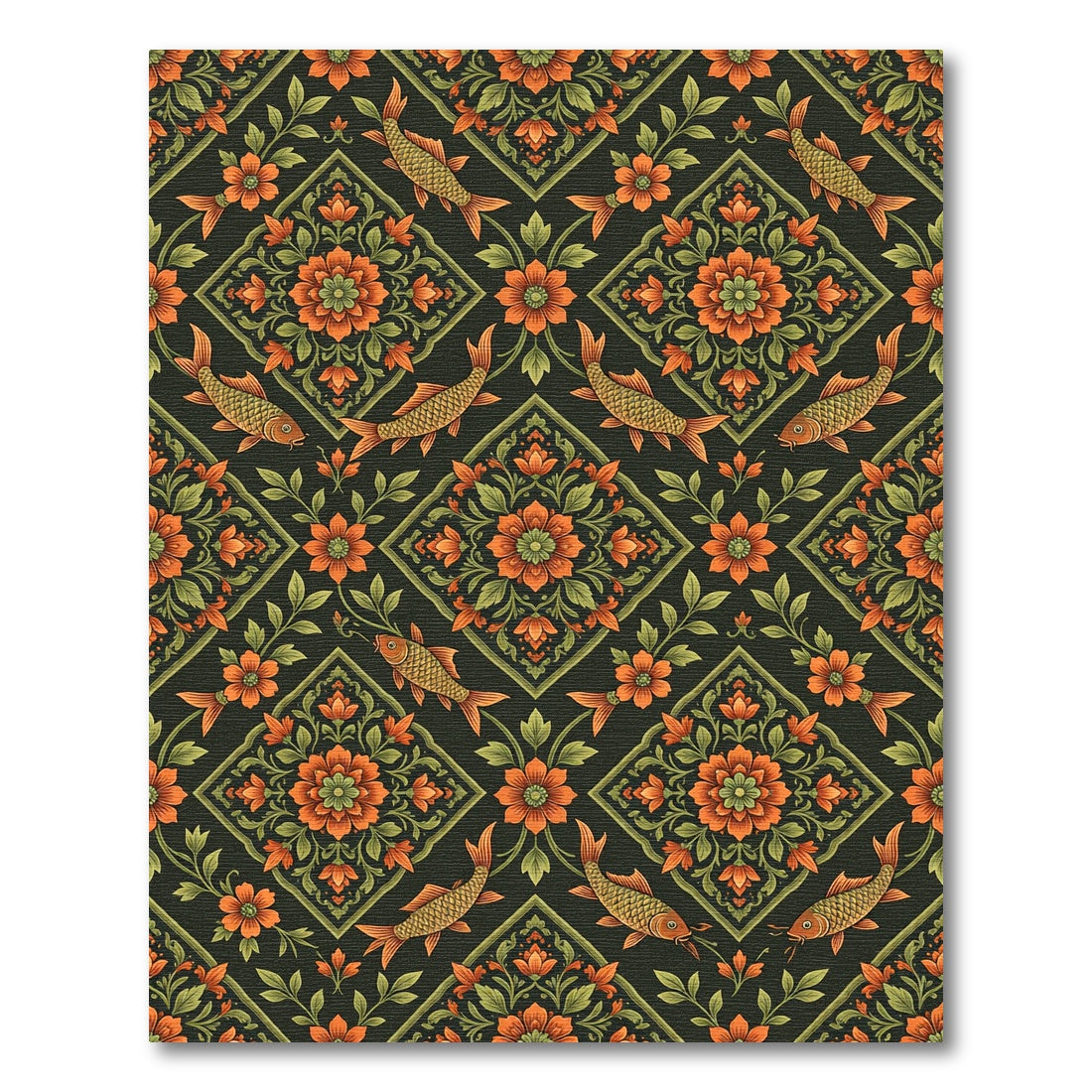 Orange Floral Koi Diamond Arrangement Rug
