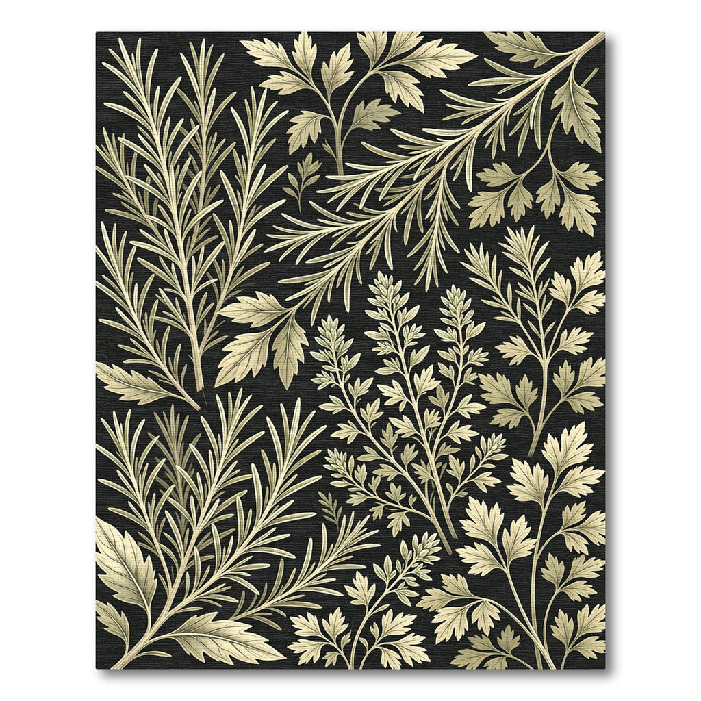 Cream Botanical Herb Foliage on Black Rug