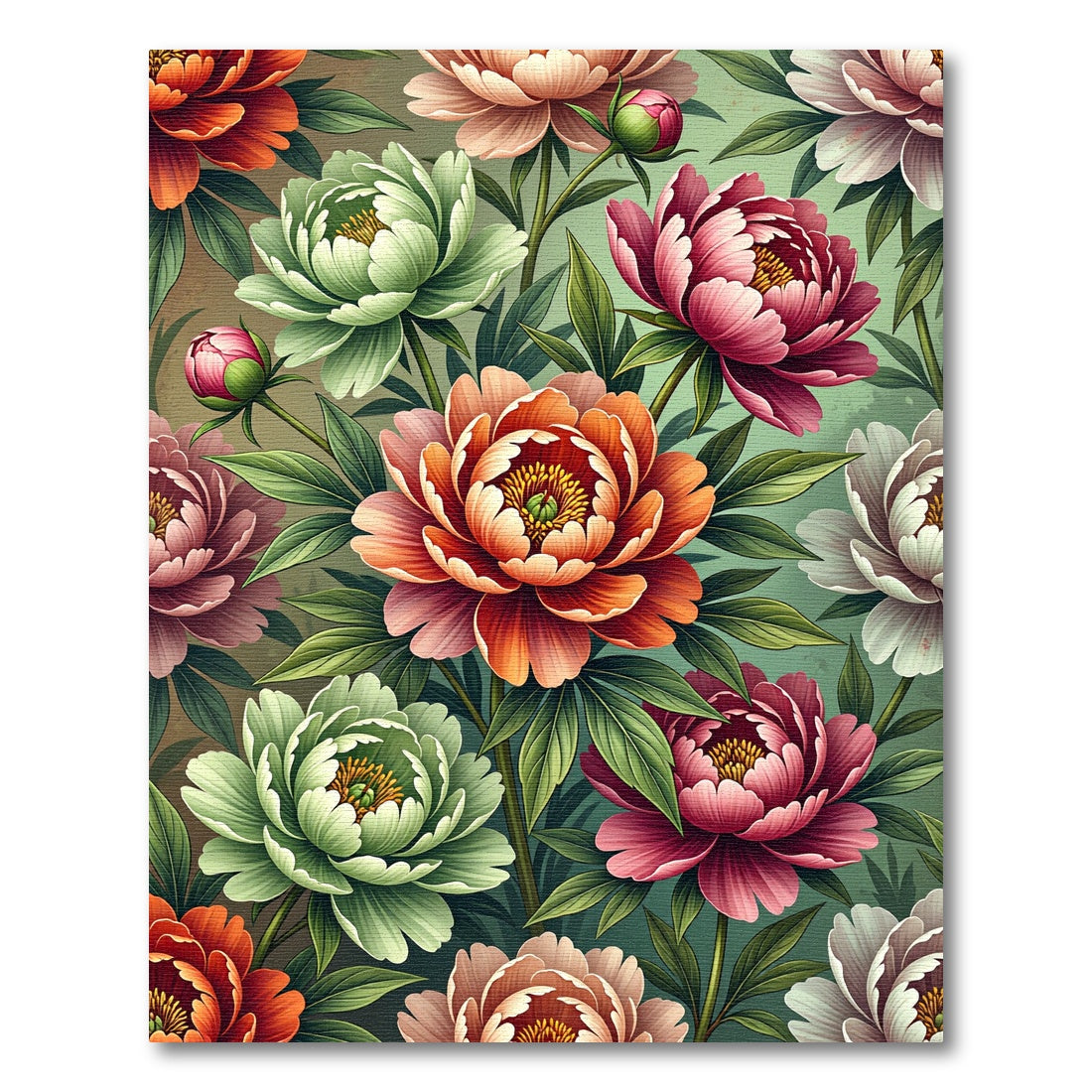 Vibrant Multi-Color Peony Botanical Illustration Rug