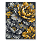Golden Peony Floral Black Gray Illustration Rug