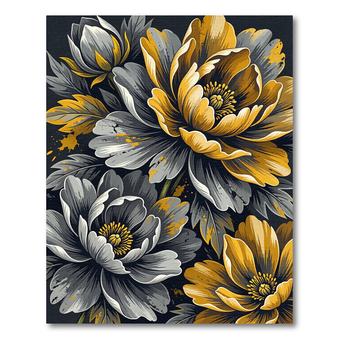 Golden Peony Floral Black Gray Illustration Rug