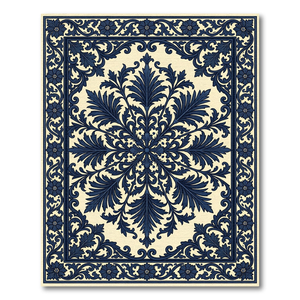 Dark Blue Floral Medallion Lattice Rug