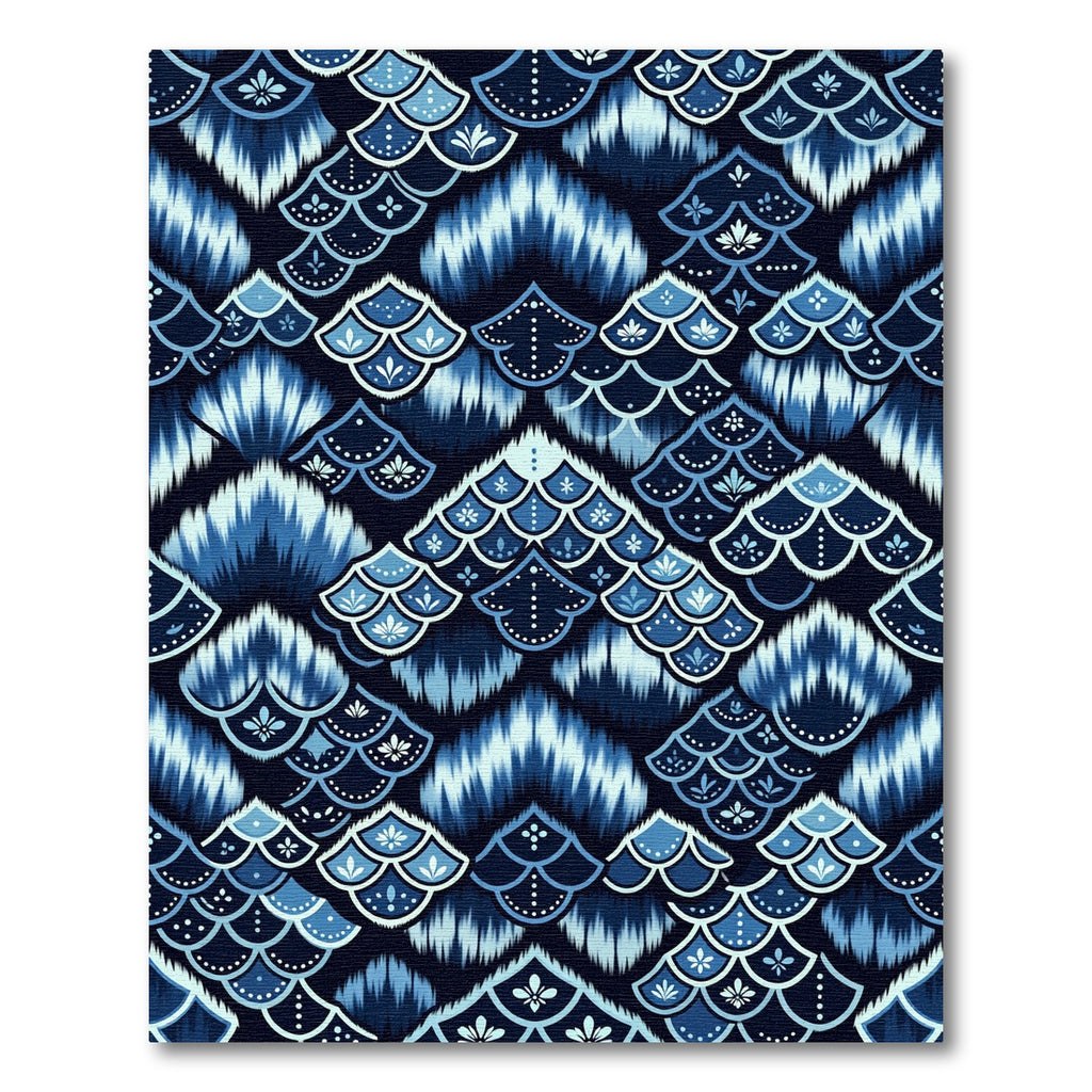 Deep Blue Scaled Ikat Floral Rug