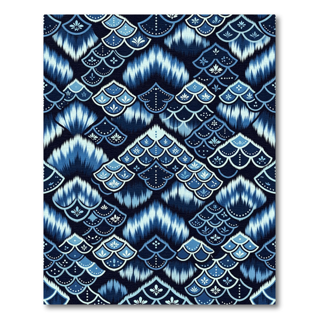 Deep Blue Scaled Ikat Floral Rug