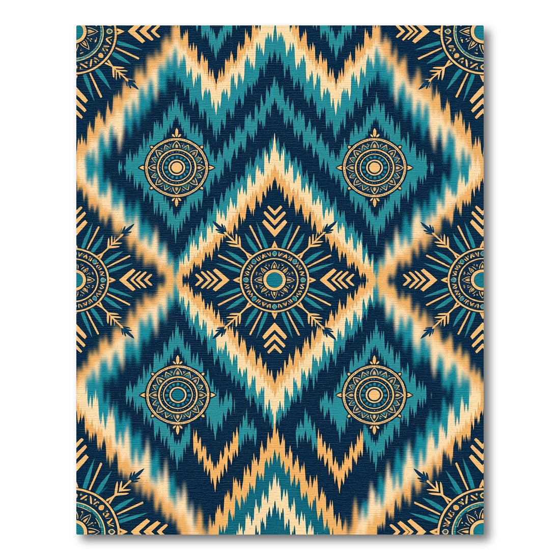 Teal and Golden Ikat Medallion Rug