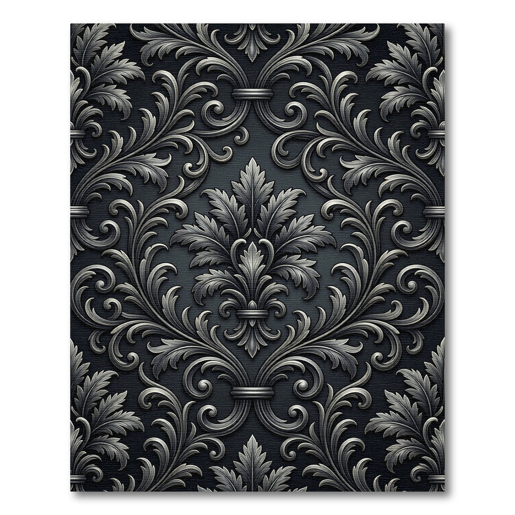 Elegant Charcoal Silver Damask Filigree Rug