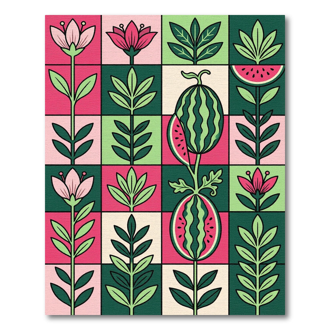 Watermelon Botanical Grid Pink Green Rug