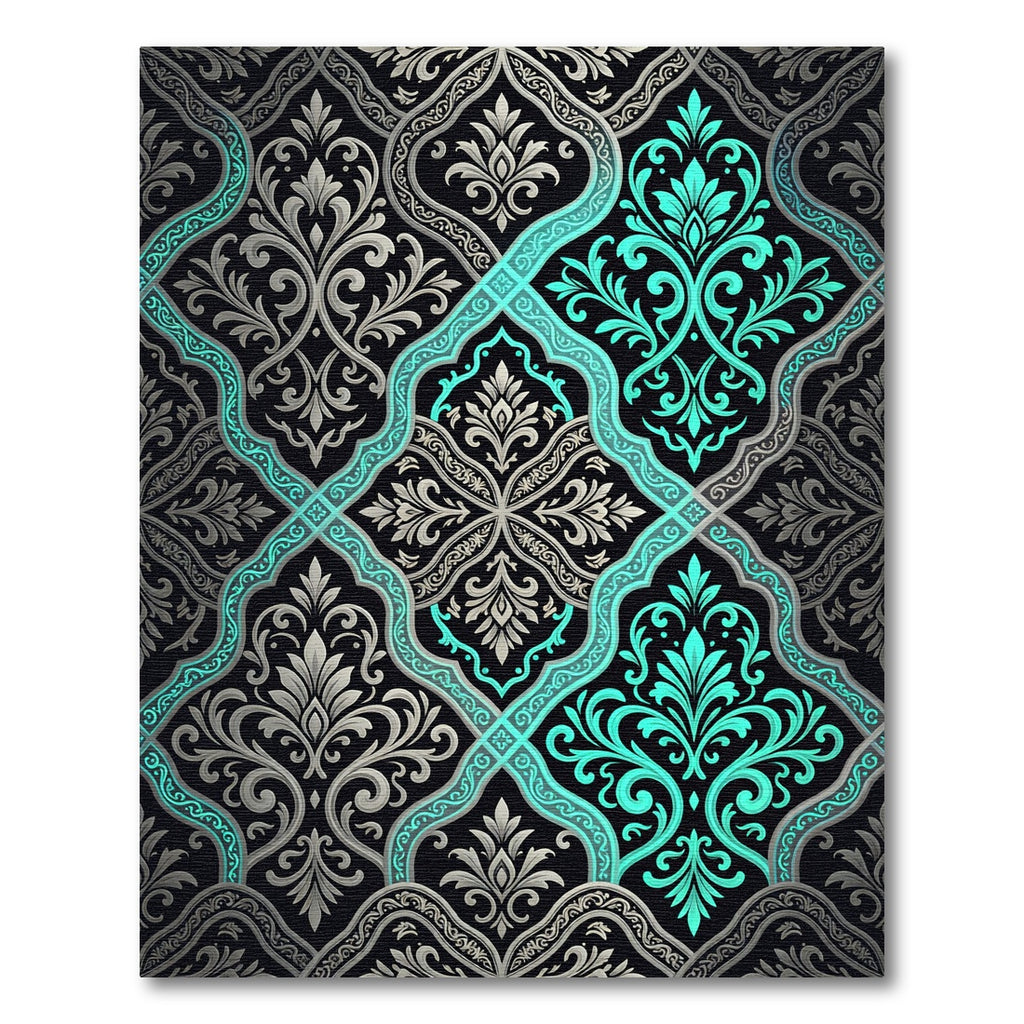 Elegant Teal and Silver Damask Ornate Rug