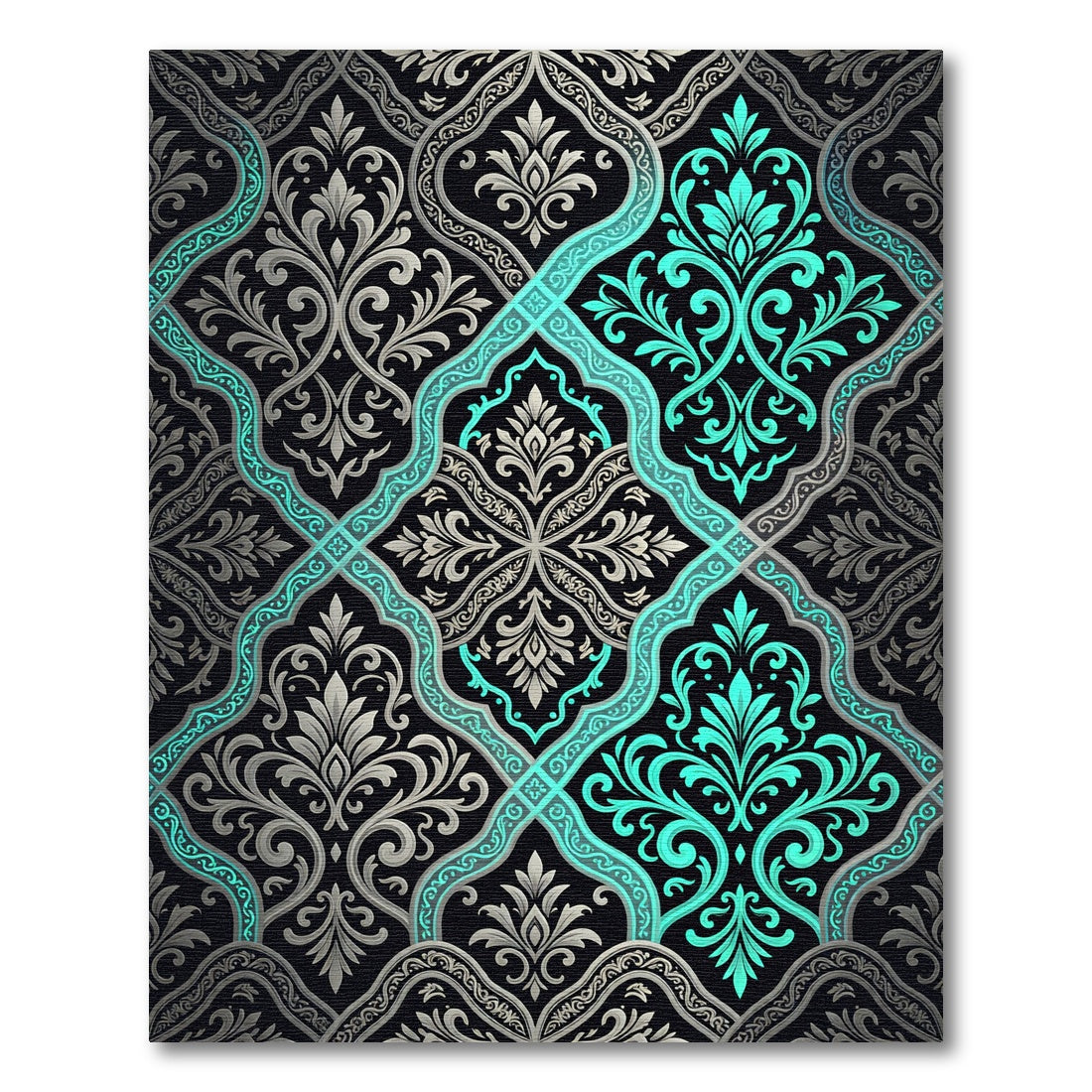 Elegant Teal and Silver Damask Ornate Rug