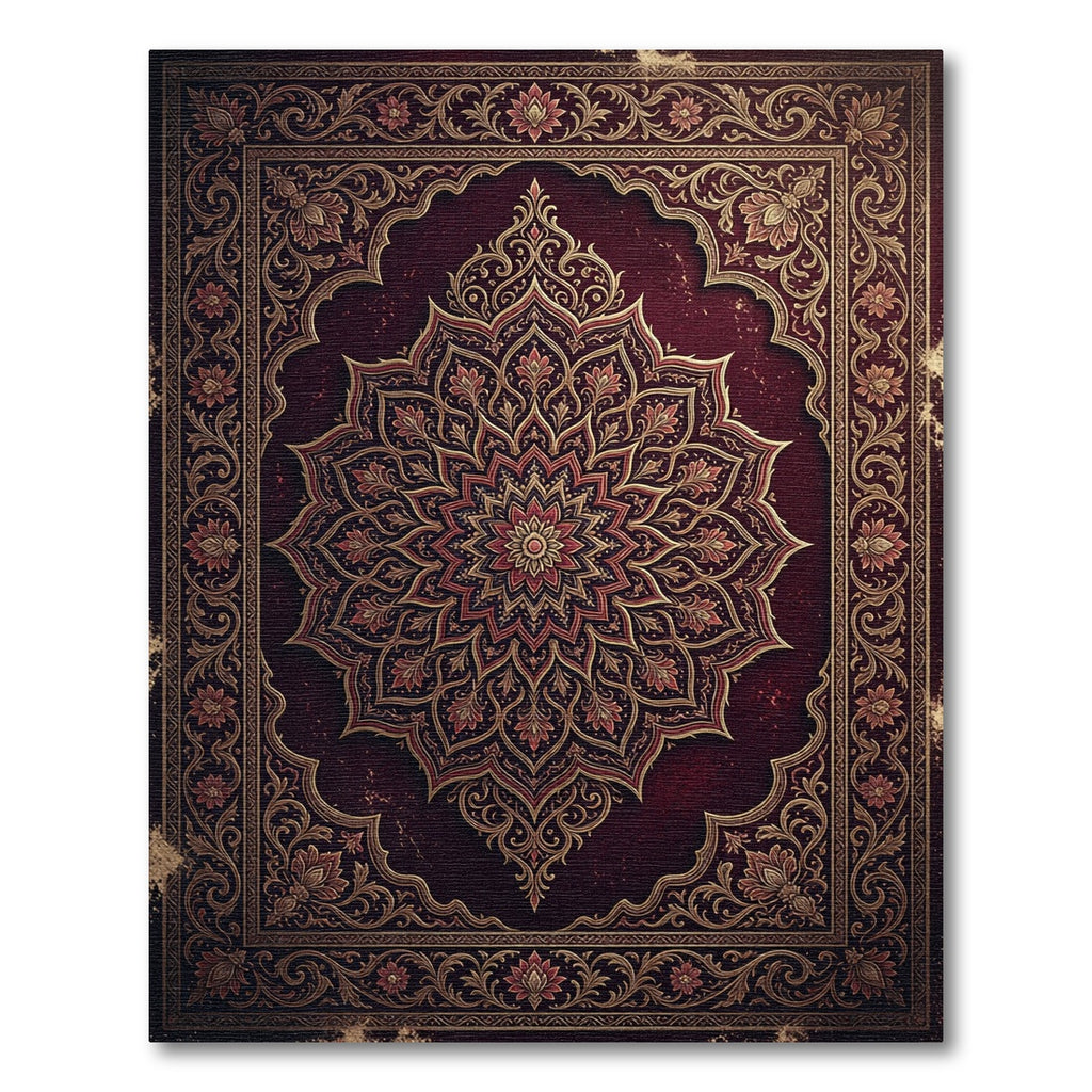 Ornate Burgundy Gold Floral Mandala Rug