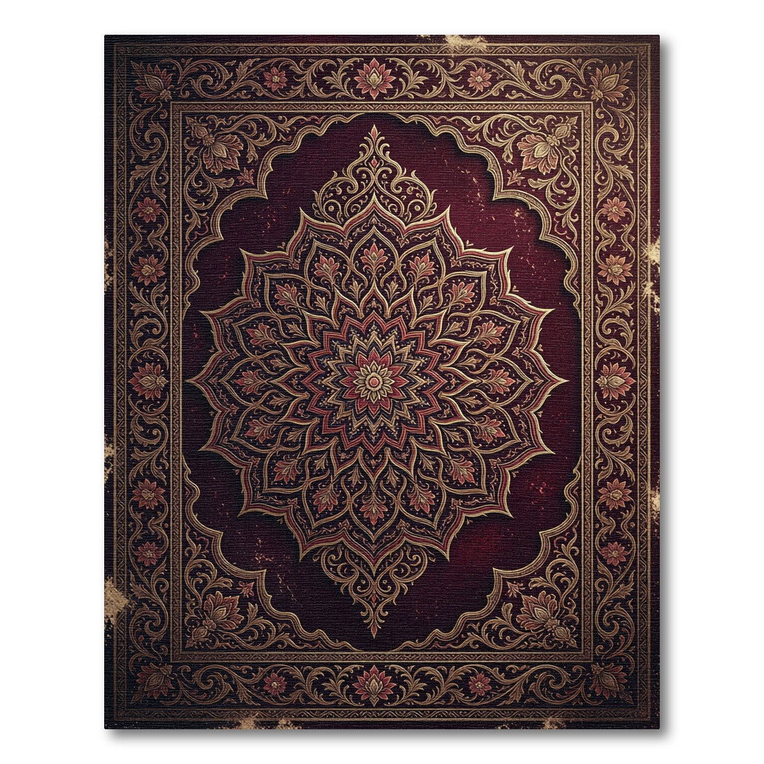 Ornate Burgundy Gold Floral Mandala Rug