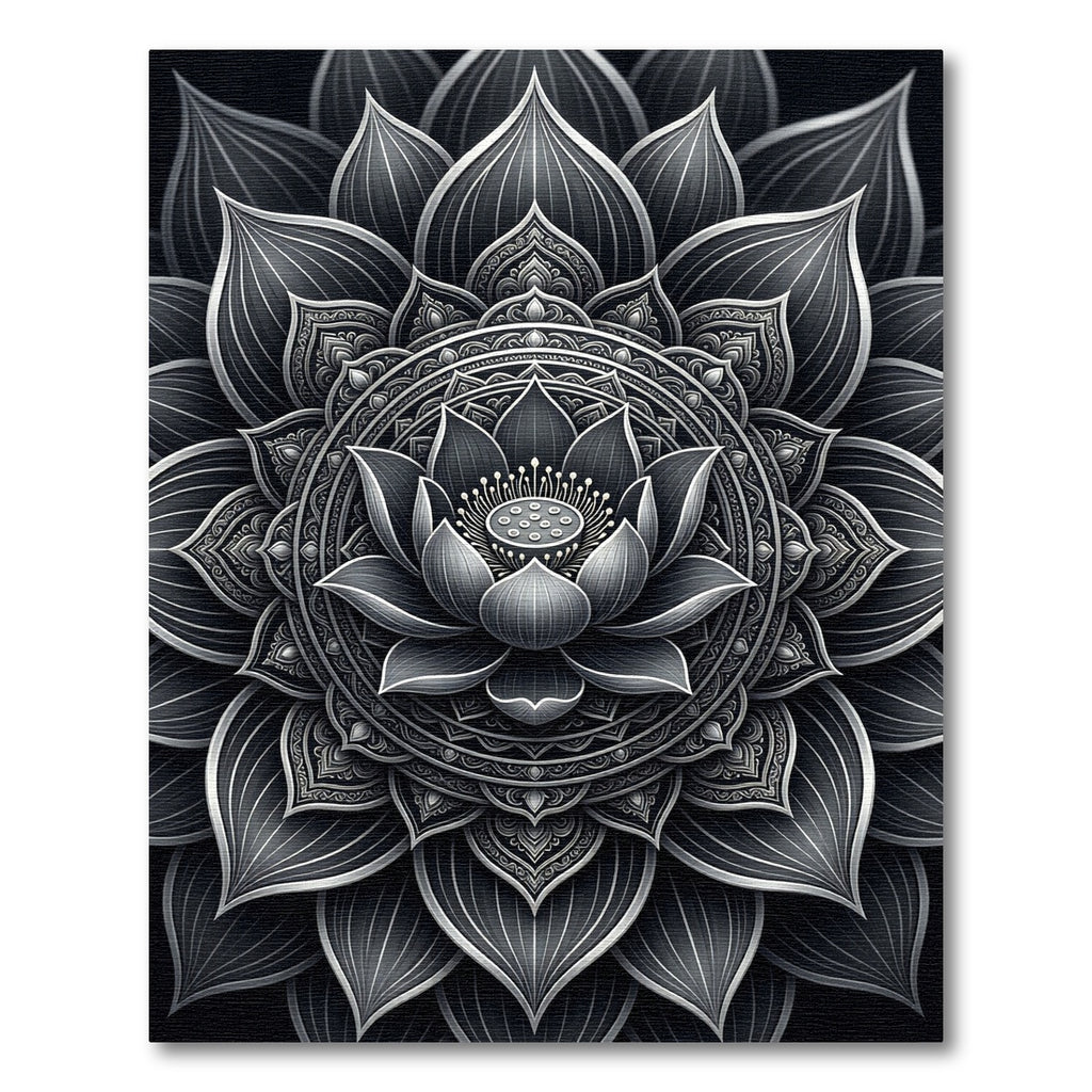 Monochrome Lotus Mandala Symmetry Rug