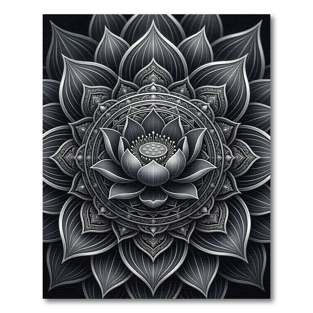 Monochrome Lotus Mandala Symmetry Rug