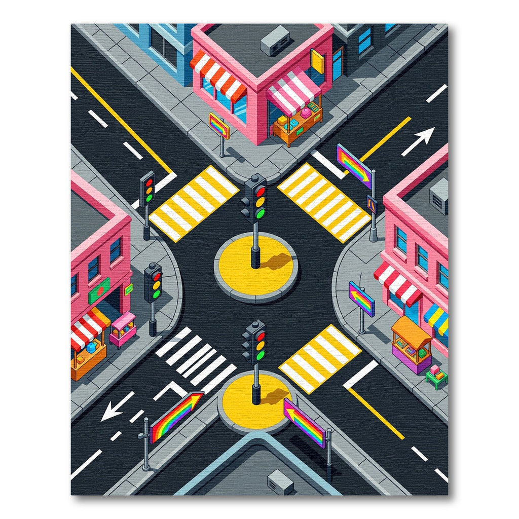 Vibrant Isometric Urban Rainbow Intersection Rug