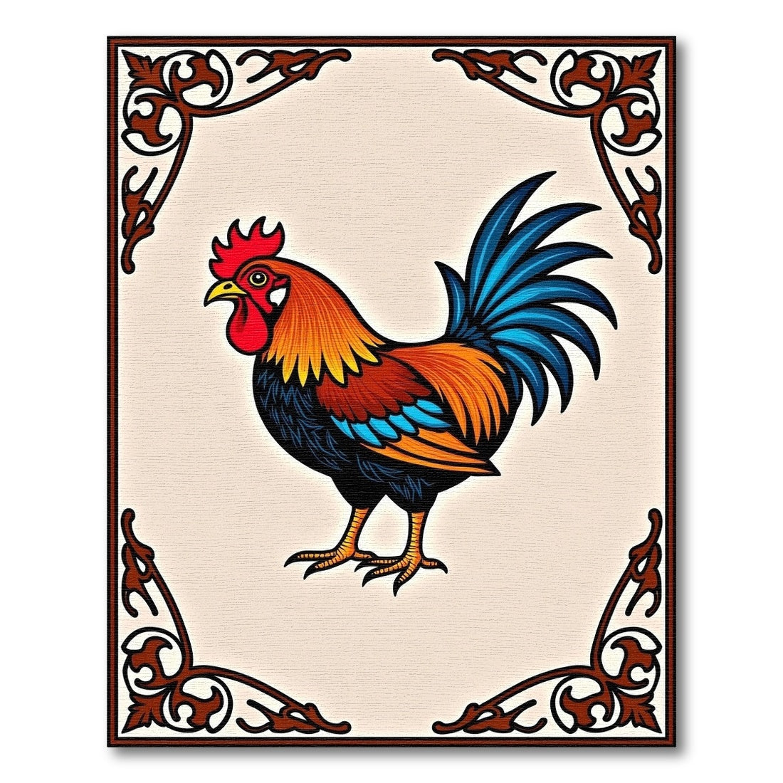 Enchanting Rooster Floral Border Rug