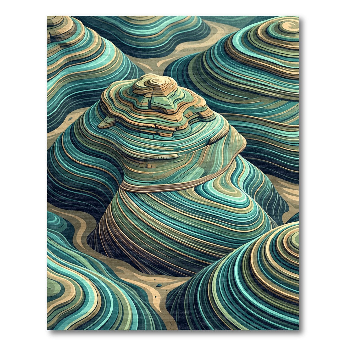 Green Blue Earthy Toned Stratified Waves Rug