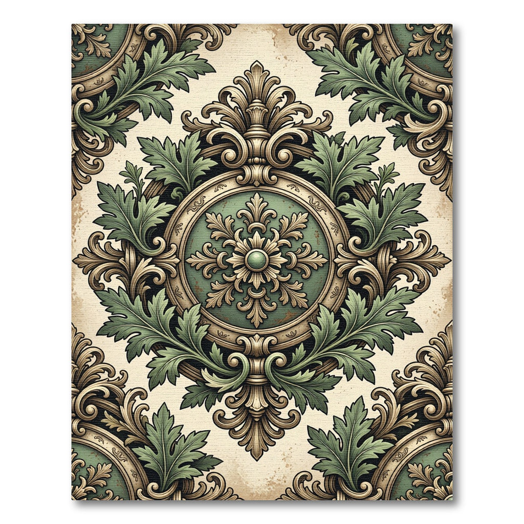 Ornate Sage Green Acanthus Medallion Rug